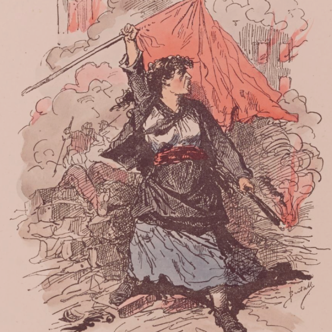 colour sketch of woman holding red flag with a firebrand in her other hand
